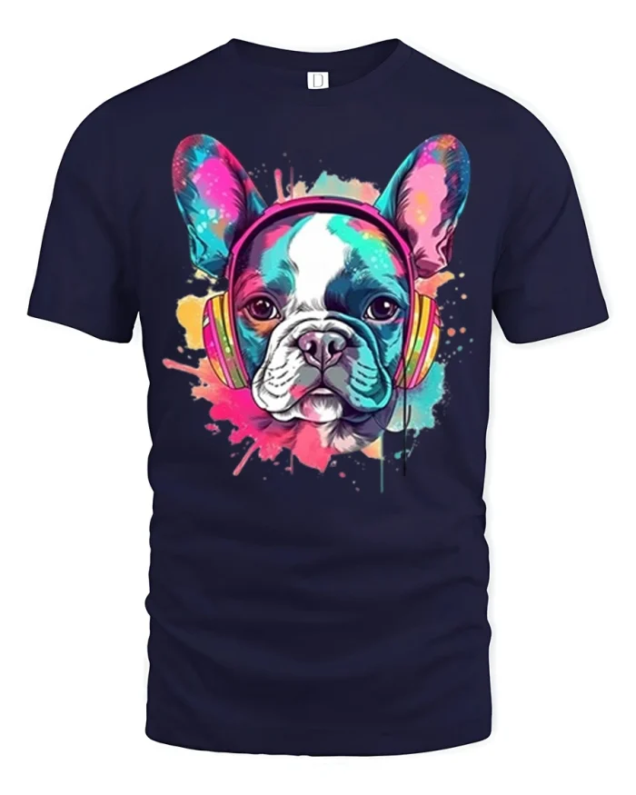 Colorful French Bulldog Music Lover Graphic T Shirt Cool Headphones - navy t-shirt on white background