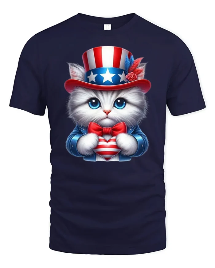 Cute Patriotic Kitten American Flag Heart Graphic T Shirt Design - navy t-shirt on white background