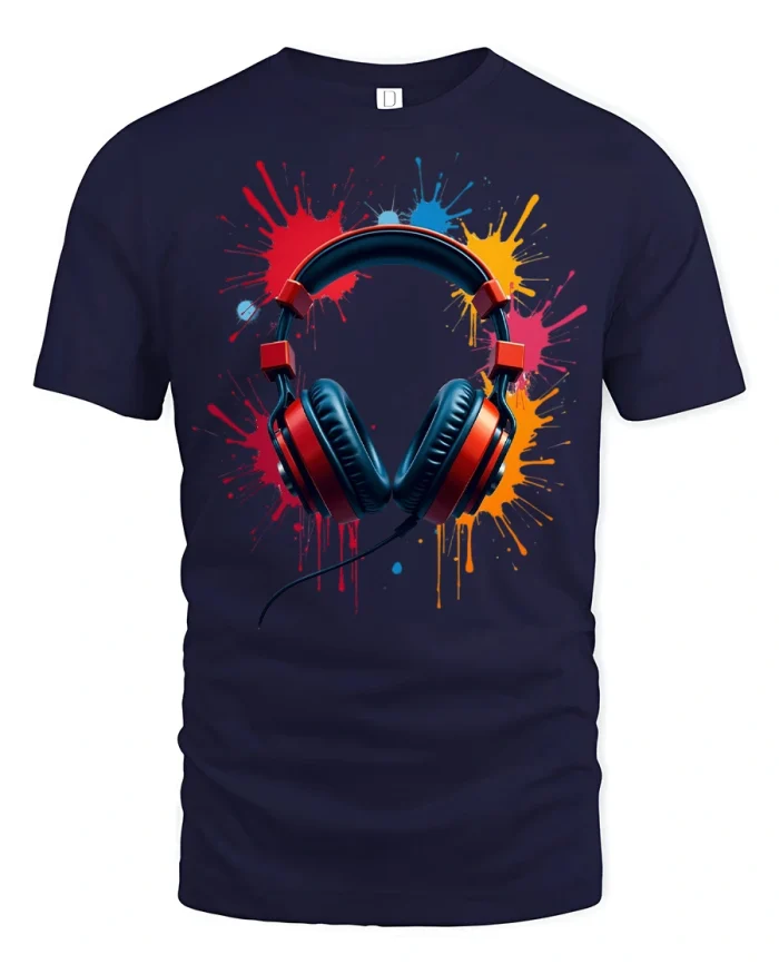 Color Splash Music Headphones Graphic T Shirt Audio Lover Style - navy t-shirt on white background