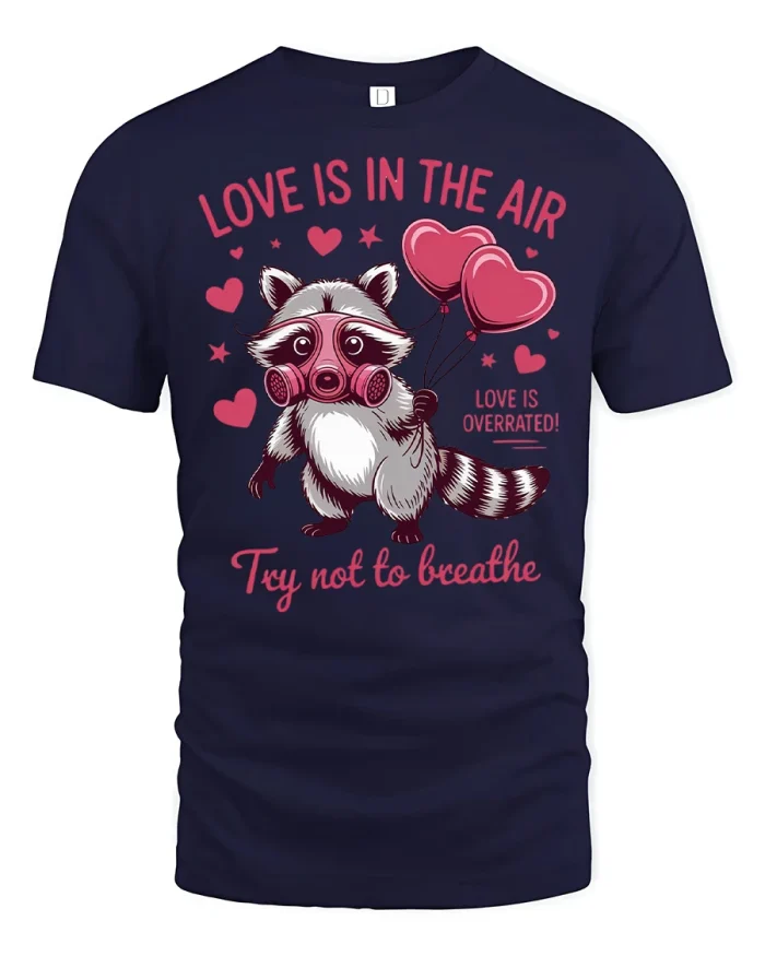 Funny Love Is In The Air Raccoon Graphic T Shirt Sarcastic Humor - navy t-shirt on white background