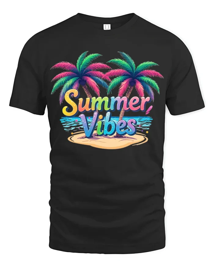Colorful Retro Summer Vibes Palm Trees Tropical Cotton Tee - black t-shirt on white background