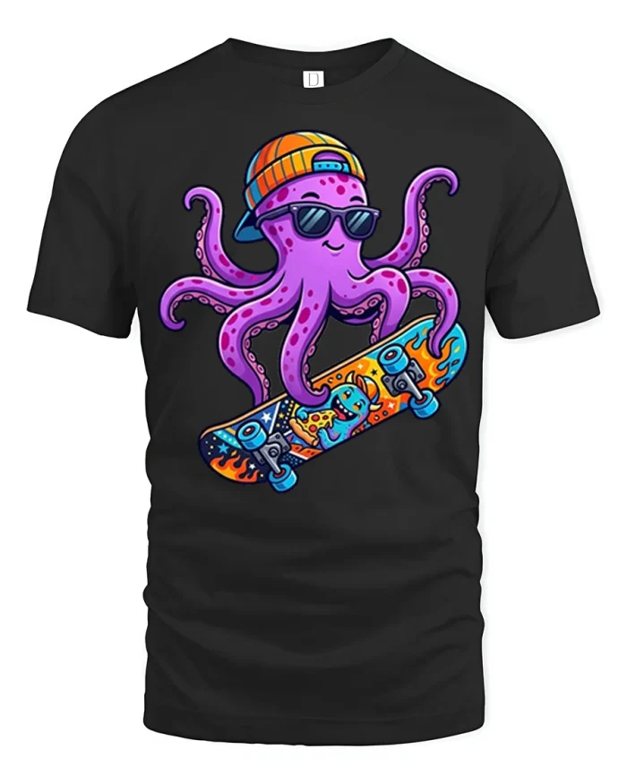 Cool Skateboarding Purple Octopus Graphic Cotton Tshirt - black t-shirt on white background