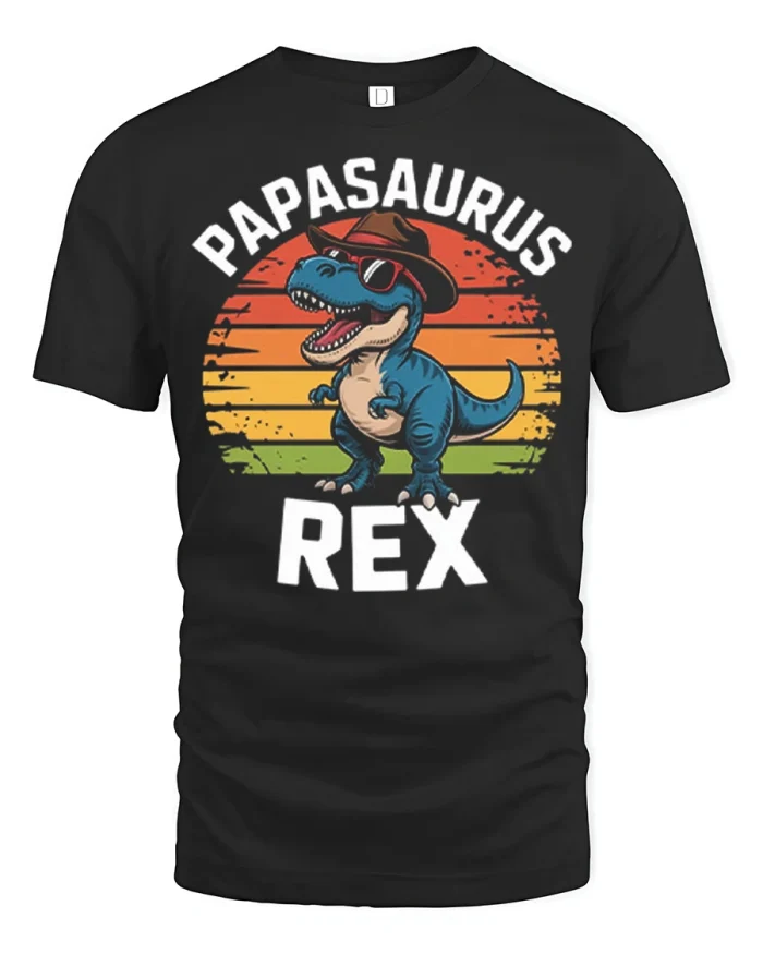 Funny Papasaurus Rex Father Day Retro Sunset Cotton Tee - black t-shirt on white background