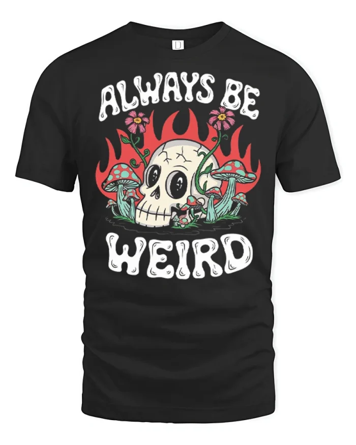 Always Be Weird Cartoon Skull Mushroom Graphic Cotton Tee - black t-shirt on white background