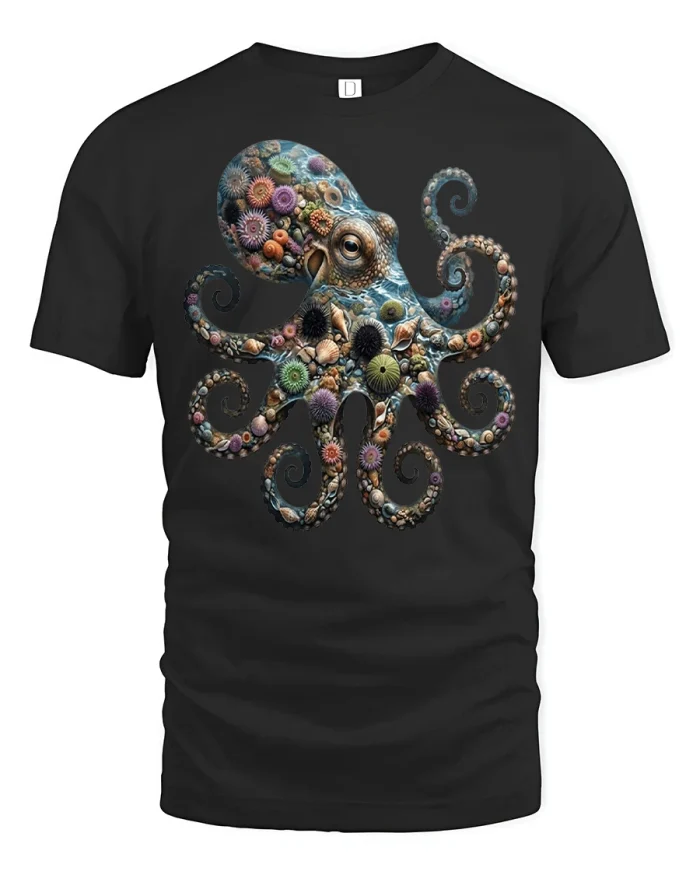 Artistic Ocean Coral Reef Octopus Graphic Cotton Tshirt - black t-shirt on white background