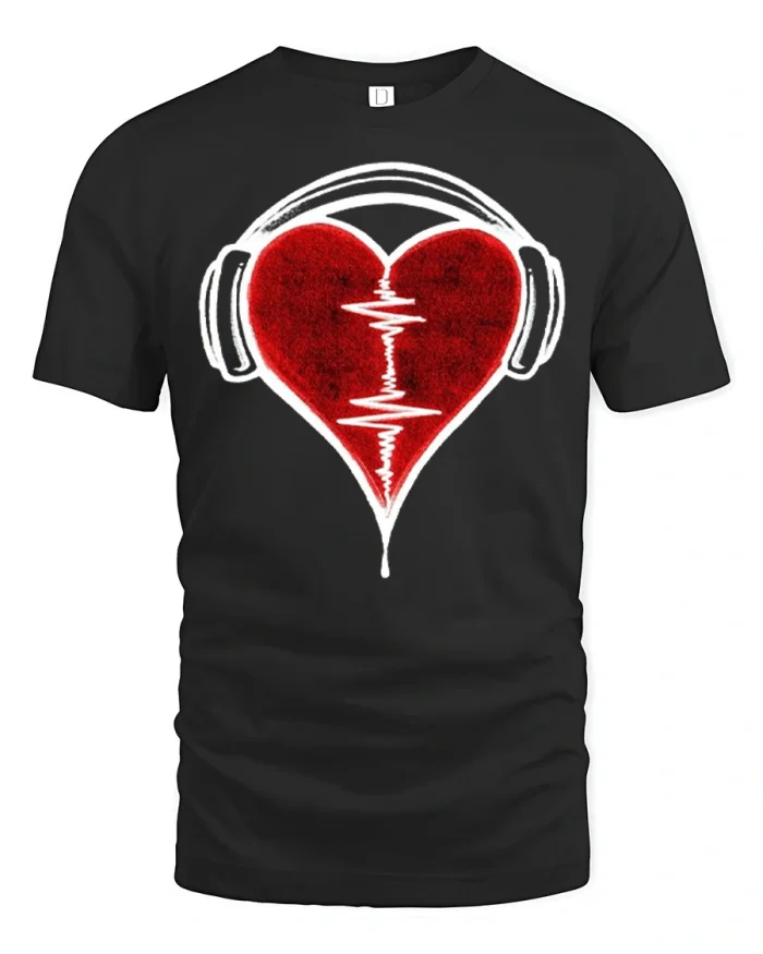 Funny Heartbeat Audio Headset Music Graphic Cotton Tshirt - black t-shirt on white background