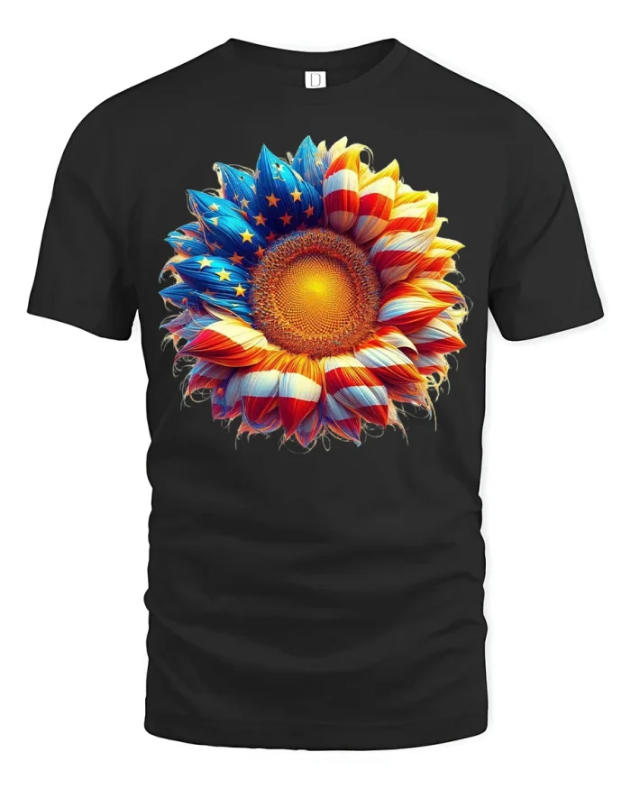 Patriotic American Flag Sunflower Graphic Tee Freedom Bloom Tshirt - black t-shirt on white background