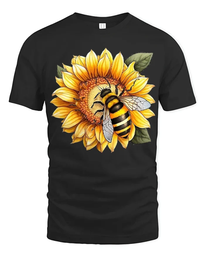 Honey Bee Sunflower Graphic Tee Nature Lover Floral Tshirt - black t-shirt on white background