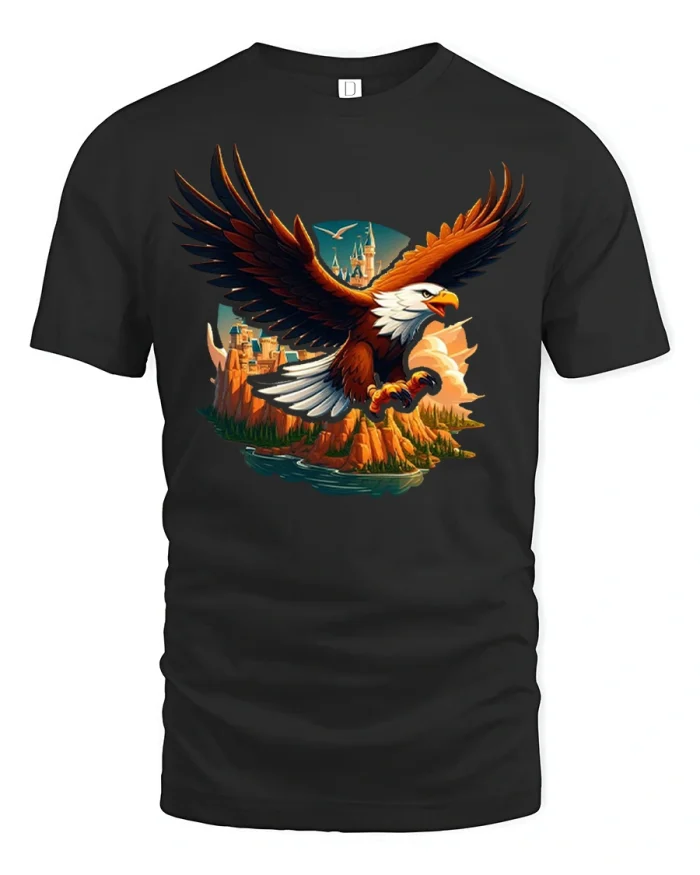 Majestic Bald Eagle Mountain Landscape Graphic Tee Adventure Tshirt - black t-shirt on white background