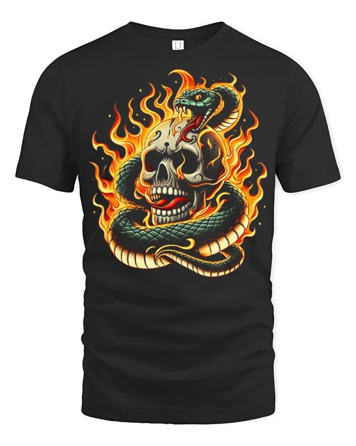Flaming Snake Skull Graphic Tee Dark Gothic Art Style Tshirt - black t-shirt on white background
