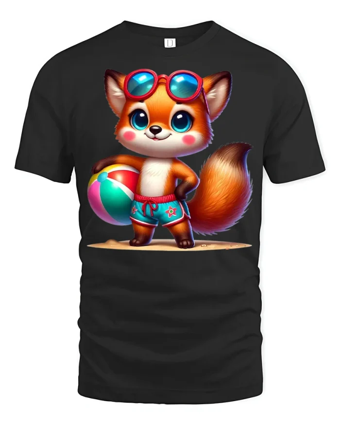 Cute Beach Fox Graphic Tee Summer Vacation Fun Animal Tshirt - black t-shirt on white background