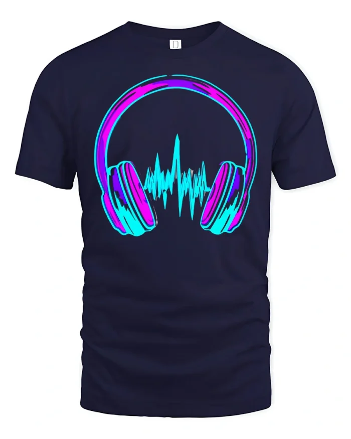 Neon Headphones Music Wave Graphic Tee Retro DJ Style Tshirt - navy t-shirt on white background