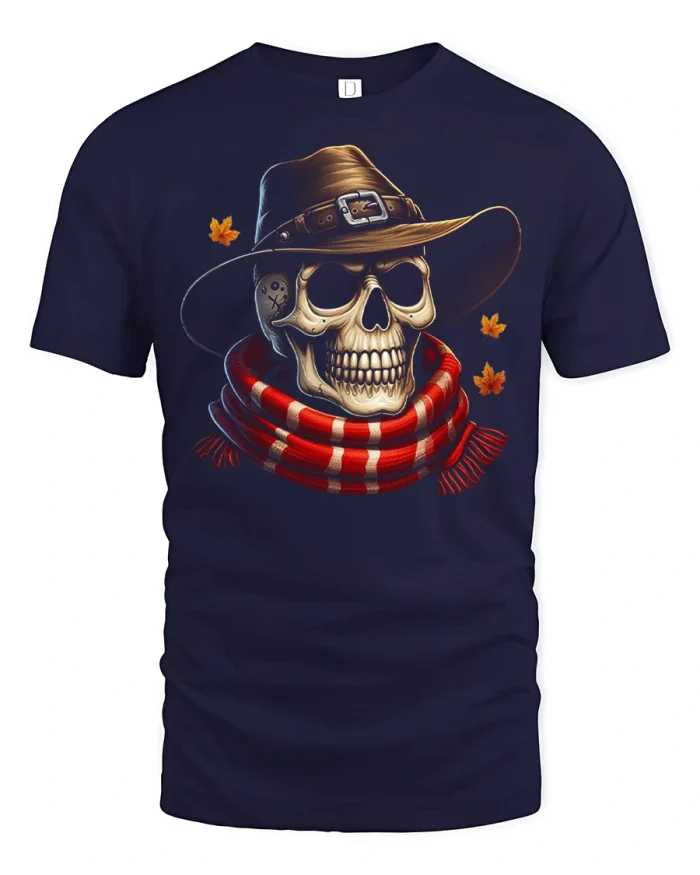 Cowboy Skull Graphic Tee Rustic Western Autumn Style Tshirt - navy t-shirt on white background