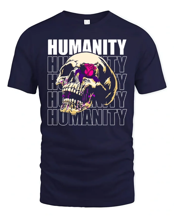 Humanity Skull Rose Graphic Tee Dark Gothic Streetwear Tshirt - navy t-shirt on white background