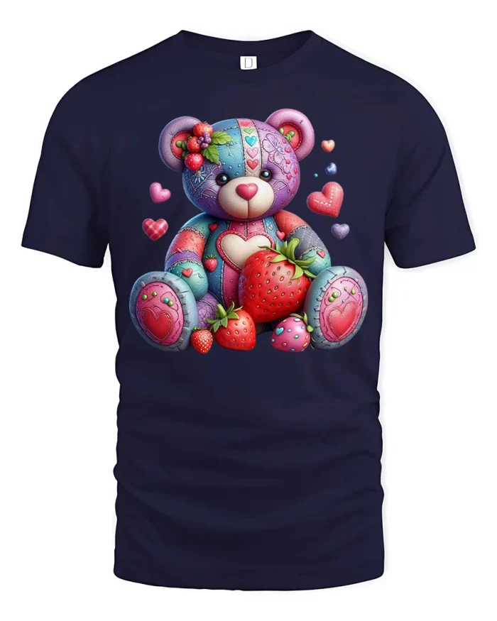 Cute Strawberry Teddy Bear Graphic Tee Kawaii Sweet Love Tshirt - navy t-shirt on white background