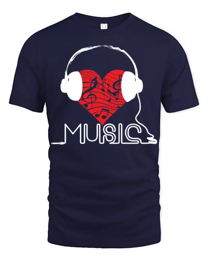Music Heart Headphones Graphic Tee Melody Lover Style Tshirt - navy t-shirt on white background