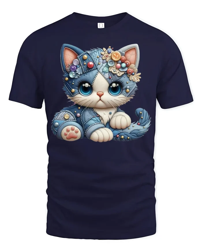 Cute Denim Patchwork Kitten Graphic Soft Premium Cotton Tee - navy t-shirt on white background