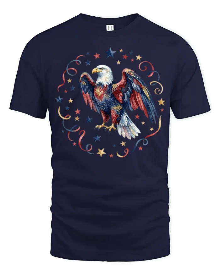 Patriotic Watercolor Bald Eagle Stars Graphic Cotton Tee - navy t-shirt on white background