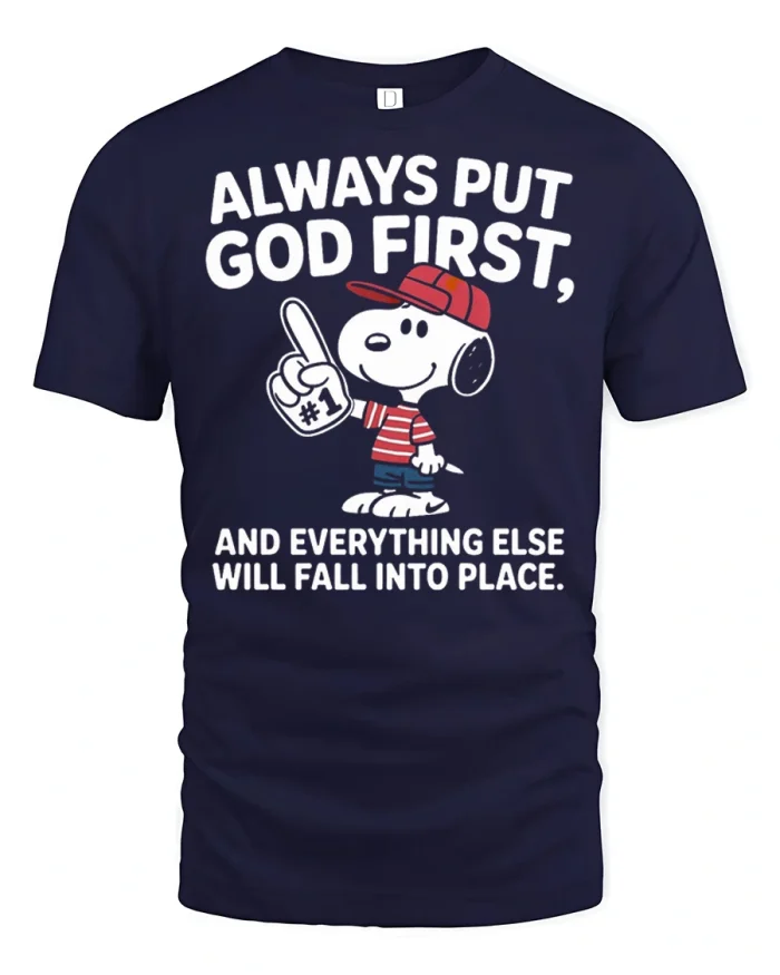 Always Put God First Cute Snoopy Graphic Cotton Tshirt - navy t-shirt on white background