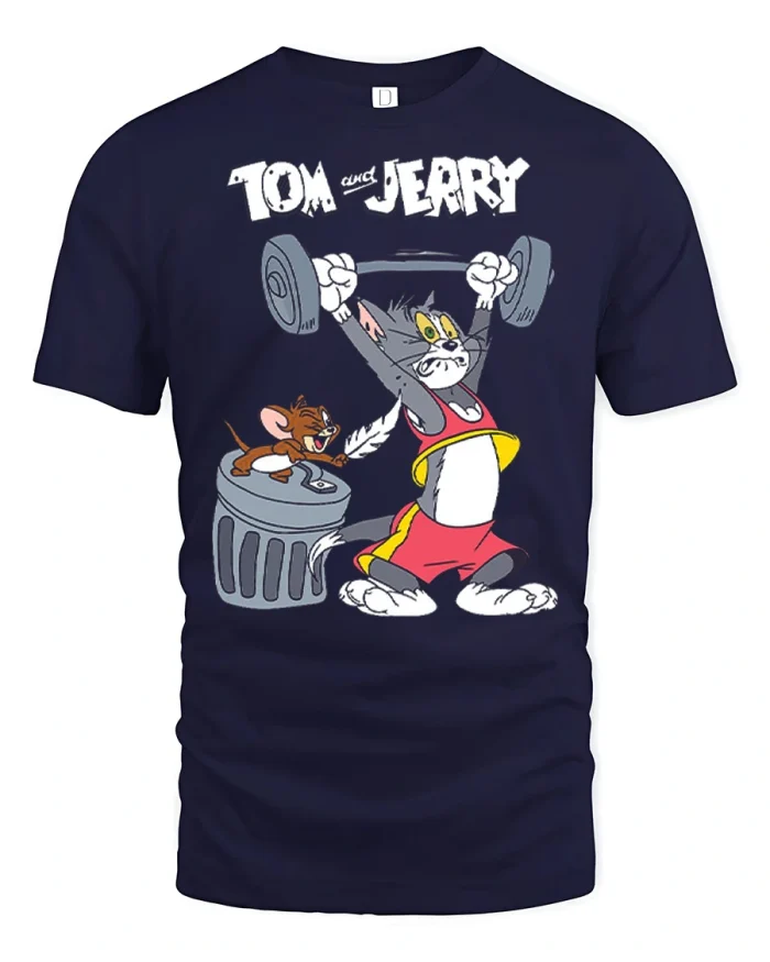 Funny Tom And Jerry Gym Workout Weightlifting Cotton Tshirt - navy t-shirt on white background