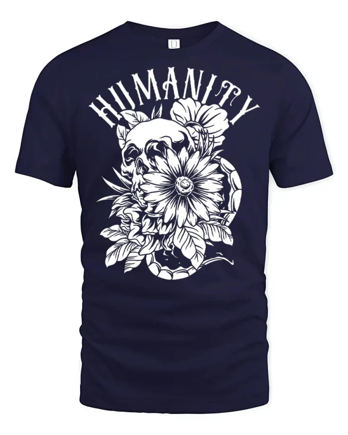 Edgy Gothic Humanity Skull Sunflower Graphic Cotton Tee - navy t-shirt on white background