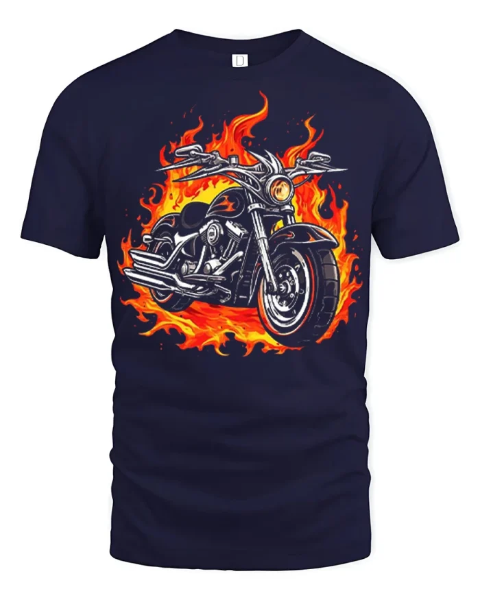 Badass Burning Motorcycle Flaming Chopper Cotton Tee - navy t-shirt on white background