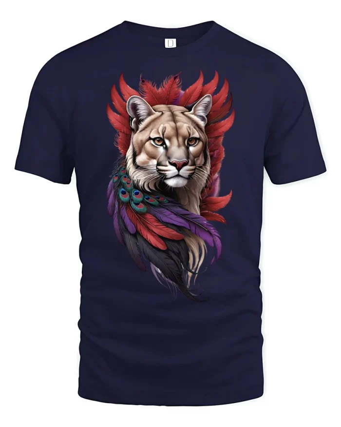 Beautiful Cougar Mountain Lion Peacock Feather Cotton Tee - navy t-shirt on white background