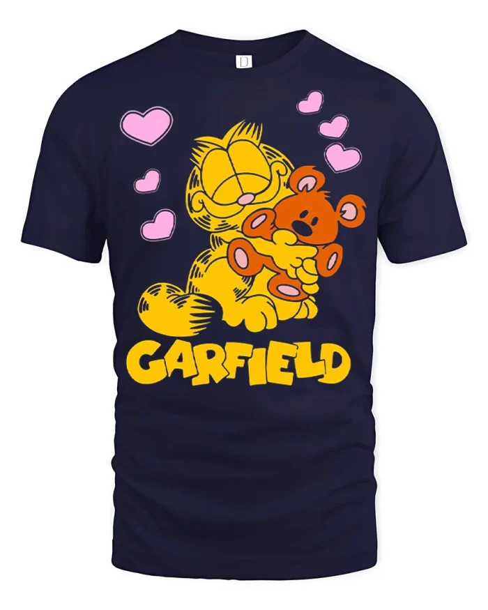 Funny Garfield Cat Hugging Teddy Bear Graphic Cotton Tshirt - navy t-shirt on white background