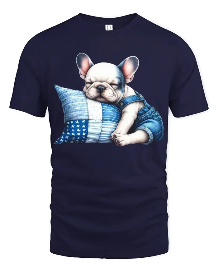Cute Baby Deer Denim Pocket Flowers Graphic Cotton Tee - navy t-shirt on white background