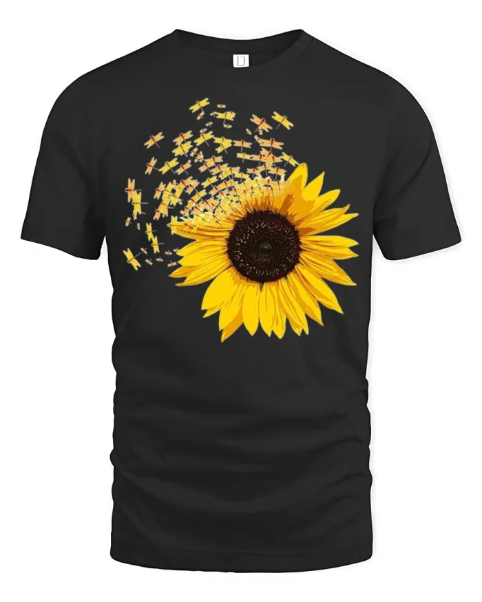 Sunflower Dragonfly Swarm Nature Graphic Tee Vintage Floral Art - black t-shirt on white background