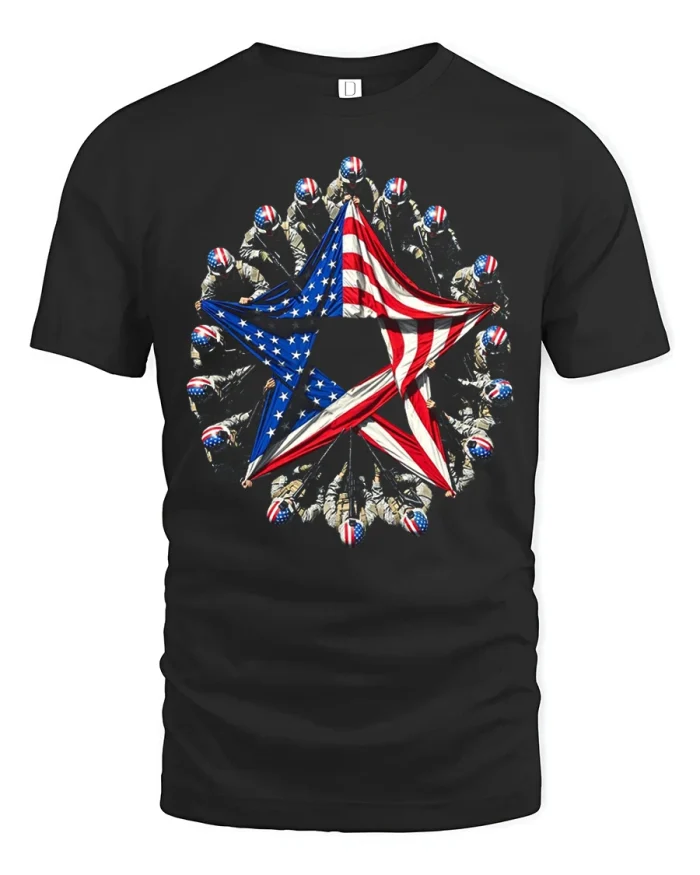 American Flag Star Military Tribute Graphic Tee Patriotic Pride - black t-shirt on white background