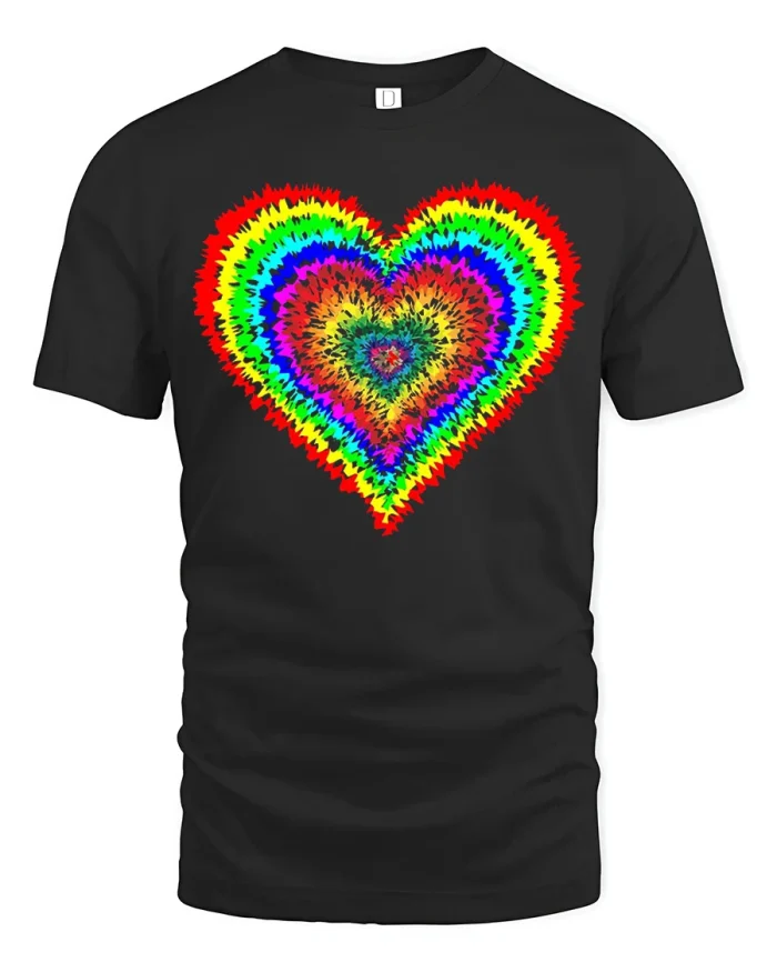 Rainbow Heart Tie Dye Graphic Tee Colorful Love Art Design - black t-shirt on white background