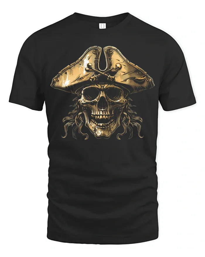 Vintage Pirate Skull Captain Graphic T Shirt Gothic Adventure - black t-shirt on white background
