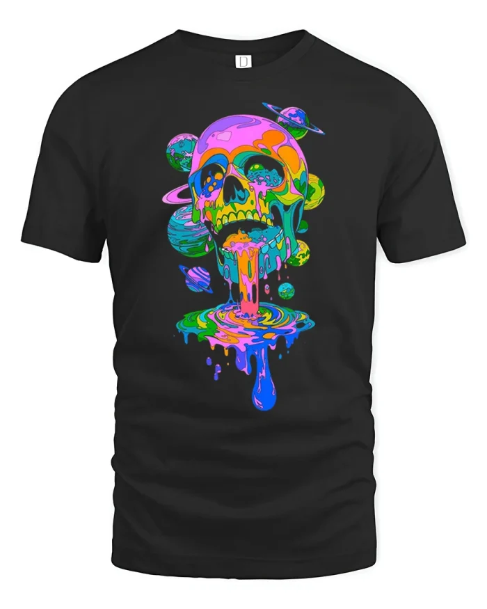 Psychedelic Cosmic Skull Graphic T Shirt Colorful Space Art - black t-shirt on white background