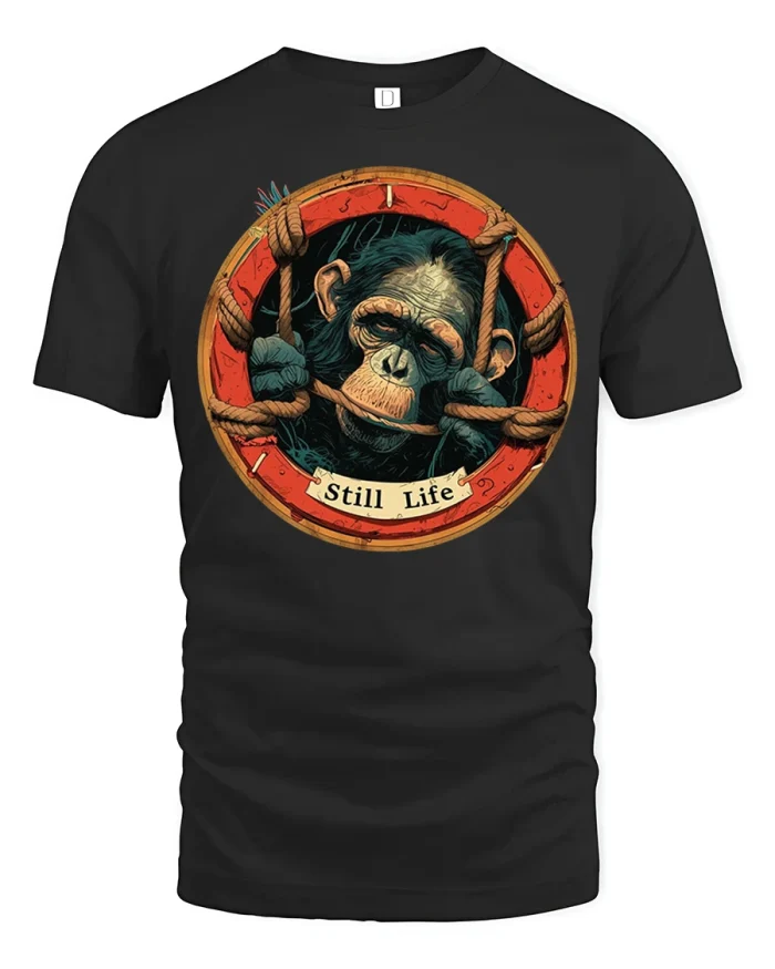 Funny Still Life Monkey Graphic Tee Vintage Nautical Animal Tshirt - black t-shirt on white background