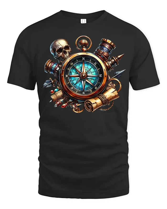 Vintage Pirate Compass Skull Graphic Tee Adventure Explorer Tshirt - black t-shirt on white background
