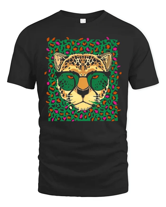 Cool Leopard Wearing Sunglasses Graphic Tee Retro Animal Tshirt - black t-shirt on white background