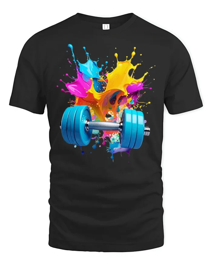 Color Splash Dumbbell Fitness Graphic Tee Workout Motivation - black t-shirt on white background