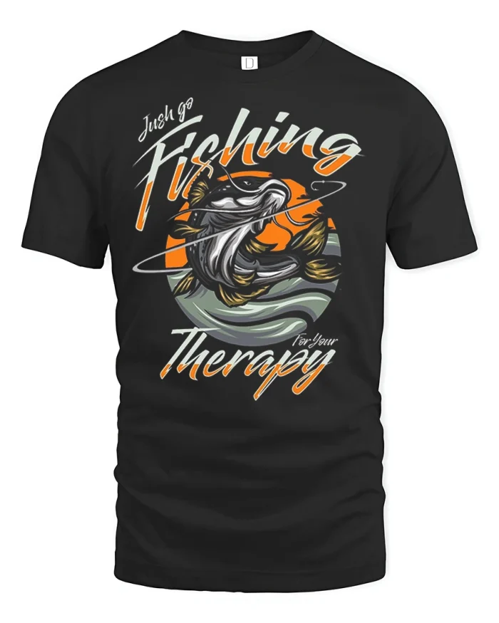 Just Go Fishing Therapy Graphic Tee Funny Angler Outdoor Style - black t-shirt on white background