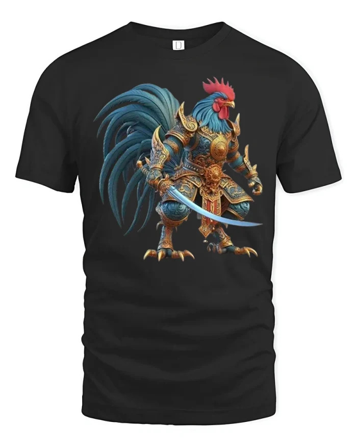 Fantasy Rooster Warrior Samurai Graphic Tee Epic Animal Artwork - black t-shirt on white background