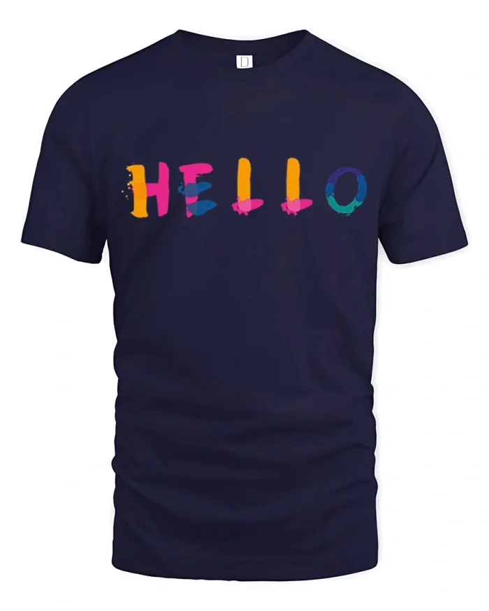 Colorful Hello Graphic T Shirt Cute Minimalist Greeting Design - navy t-shirt on white background
