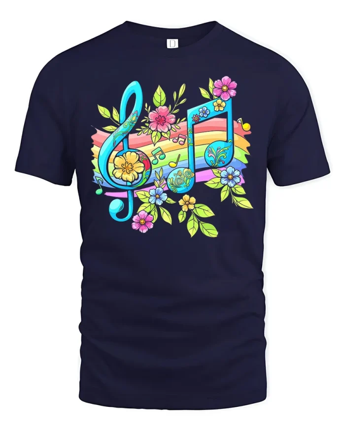 Colorful Floral Music Notes Rainbow Graphic T Shirt Art Design - navy t-shirt on white background