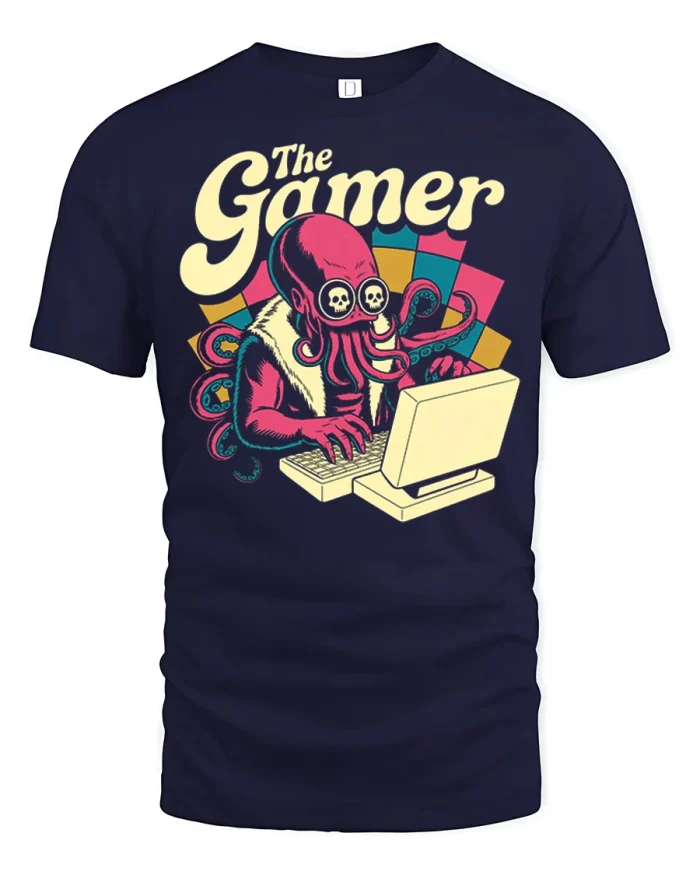 The Gamer Retro Octopus Funny Graphic T Shirt Vintage Arcade - navy t-shirt on white background