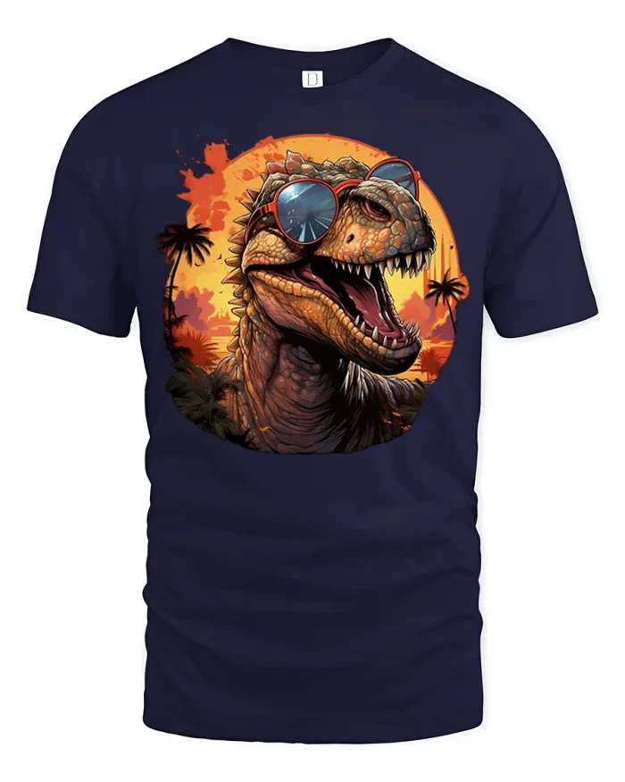 Cool Dinosaur Wearing Sunglasses Sunset Graphic T Shirt Fun Style - navy t-shirt on white background