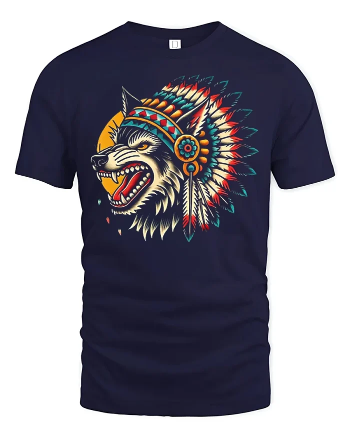 Vintage Wolf Warrior Headdress Graphic Tee Tribal Animal Tshirt - navy t-shirt on white background