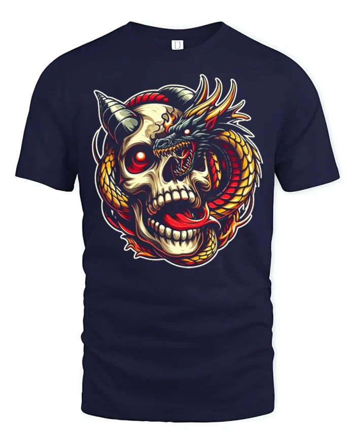 Vintage Dragon And Skull Graphic Tee Gothic Fantasy Tshirt - navy t-shirt on white background