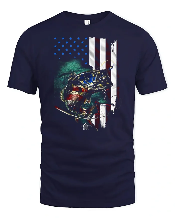 American Flag Bass Fishing Graphic Tee Patriotic Angler Tshirt - navy t-shirt on white background