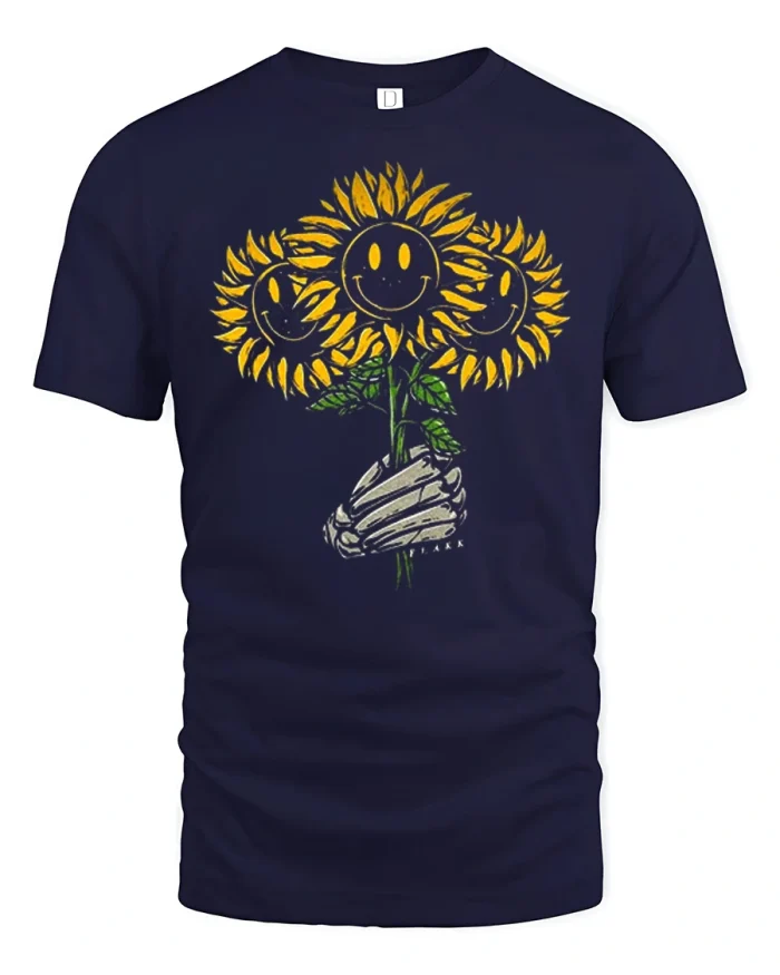 Happy Smiling Sunflower Skeleton Hand Graphic Tee Cute Tshirt - navy t-shirt on white background