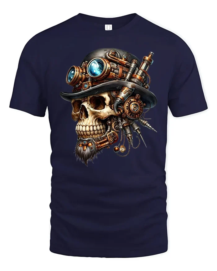 Steampunk Skull Graphic Tee Vintage Mechanical Gothic Tshirt - navy t-shirt on white background
