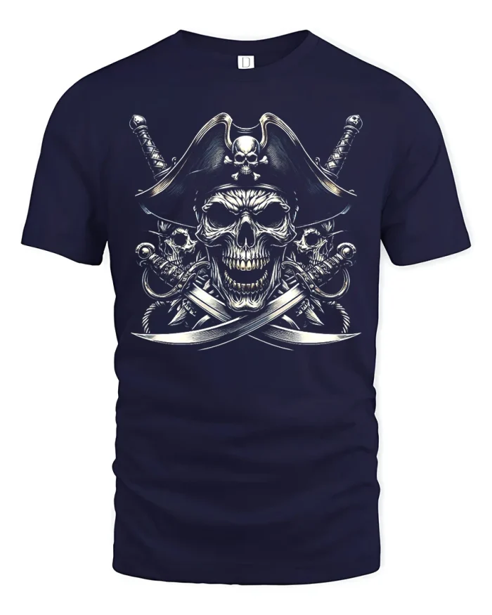 Vintage Pirate Skull Graphic Tee Crossed Swords Adventure Tshirt - navy t-shirt on white background